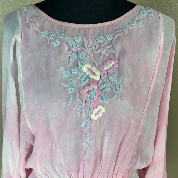 LoveShackFancy Pink Sheer Embroidered Blouse long Billowy Sleeves Size Large - Picture 7 of 10